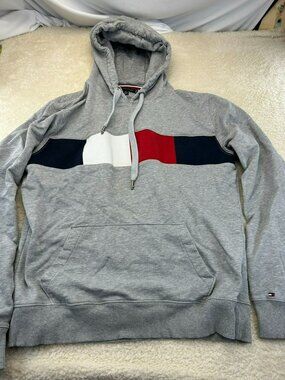 Tommy Hilfiger Mens Hoodie Gray XL Cotton Blend Logo Colorblock Pull-Over Ribbed